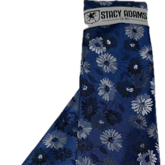 Stacy Adams Men Tie Hanky Navy Blue Silver Royal Blue Floral Pattern 3.25" Wide - Picture 4 of 5